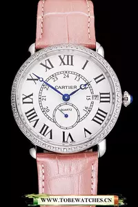 Cartier Ronde Louis Cartier White Dial Stainless Steel Case Diamond Bezel Pink Leather Strap En121530