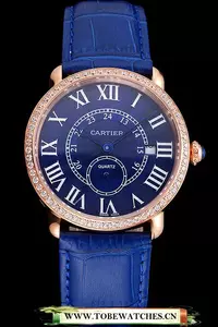 Cartier Ronde Louis Cartier Blue Dial Gold Case Diamond Bezel Blue Leather Strap En121531