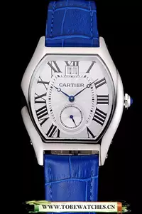Cartier Tortue Large Date White Dial Stainless Steel Case Blue Leather Strap En121534