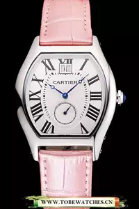 Cartier Tortue Large Date White Dial Stainless Steel Case Pink Leather Strap En121535