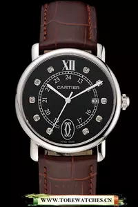 Cartier Ronde Solo Black Dial Diamond Hour Marks Stainless Steel Case Brown Leather Strap En122579