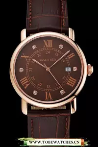 Cartier Ronde Solo Brown Dial Diamond Hour Marks Rose Gold Case Brown Leather Strap En122583