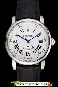 Cartier Rotonde Annual Calendar White Dial Stainless Steel Case Black Leather Strap En122745