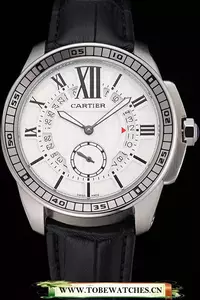Cartier Calibre De Cartier Small Seconds White Dial Stainless Steel Case Black Leather Strap En122909