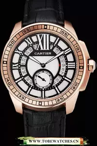 Cartier Calibre De Cartier Small Seconds Black And White Dial Rose Gold Case Black Leather Strap En122912