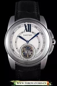Cartier Calibre Flying Tourbillon White Dial Stainless Steel Case Black Leather Bracelet En56332