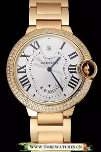 Cartier Ballon Bleu Two Timezone White Dial Diamond Case Gold Bracelet En124491