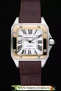 Cartier Santos Automatic Stainless Steel & Gold Case Brown Leather Strap En60141