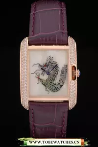 Cartier Tank Anglaise White Dragon Dial Diamonds Gold Case Purple Leather Bracelet En59168