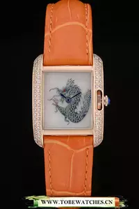 Cartier Tank Anglaise White Dragon Dial Diamonds Gold Case Orange Leather Bracelet En59169