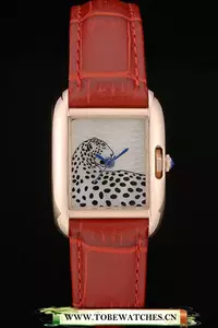Cartier Tank Anglaise White Tiger Dial Gold Case Red Leather Bracelet En59171
