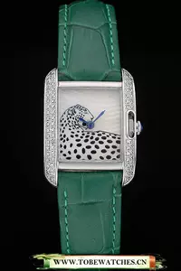 Cartier Tank Anglaise White Tiger Dial Diamonds Steel Case Green Leather Bracelet En59174