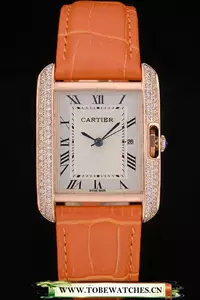 Cartier Tank Anglaise 30mm White Dial Diamonds Gold Case Orange Leather Bracelet En59178