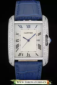 Cartier Tank Anglaise 36mm White Dial Diamonds Steel Case Blue Leather Bracelet En59184