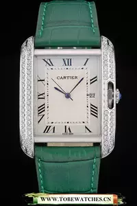 Cartier Tank Anglaise 36mm White Dial Diamonds Steel Case Green Leather Bracelet En59185