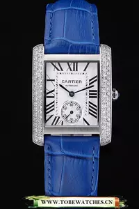 Cartier Tank Mc Stainless Steel Diamond Case White Dial Blue Leather Strap En60070