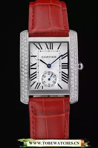 Cartier Tank Mc Stainless Steel Diamond Case White Dial Red Leather Strap En60071