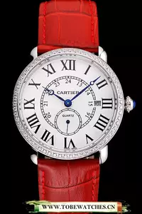 Cartier Ronde Louis Cartier White Dial Stainless Steel Case Diamond Bezel Red Leather Strap En121528