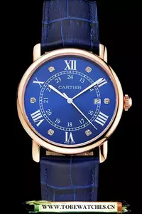 Cartier Ronde Solo Blue Dial Diamond Hour Marks Rose Gold Case Blue Leather Strap En122582