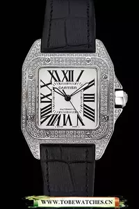 Cartier Santos Dumont Diamond Case White Dial Roman Numerals Black Leather Bracelet En119930