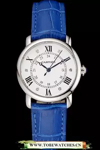 Cartier Ronde White Dial Diamond Hour Marks Stainless Steel Case Blue Leather Strap En122570