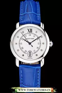 Cartier Ronde White Dial Diamond Hour Marks Stainless Steel Case Blue Leather Strap En122573