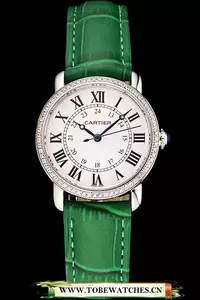 Cartier Ronde White Dial Diamond Bezel Stainless Steel Case Green Leather Strap En122574