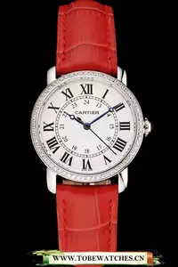 Cartier Ronde White Dial Diamond Bezel Stainless Steel Case Red Leather Strap En122575
