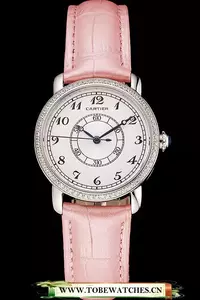 Cartier Ronde White Dial Diamond Bezel Stainless Steel Case Pink Leather Strap En122576