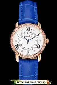 Cartier Ronde White Dial Diamond Bezel Rose Gold Case Blue Leather Strap En122578