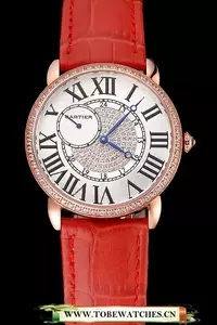 Cartier Ronde Louis Gold Diamond Case White Dial Red Leather Bracelet En124457