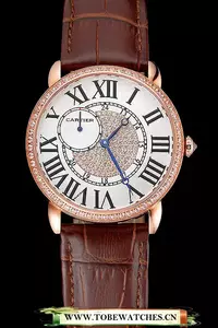 Cartier Ronde Louis Gold Diamond Case White Dial Brown Leather Bracelet En124458