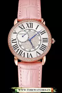 Cartier Ronde Louis Gold Diamond Case White Dial Pink Leather Bracelet En124459