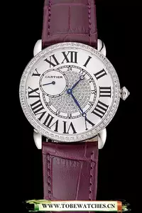 Cartier Ronde Louis Silver Diamond Case White Dial Purple Leather Bracelet En124461