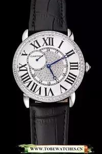Cartier Ronde Louis Silver Diamond Case White Dial Black Leather Bracelet En124463