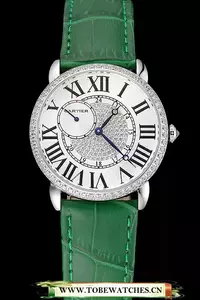 Cartier Ronde Louis Silver Diamond Case White Dial Green Leather Bracelet En124464