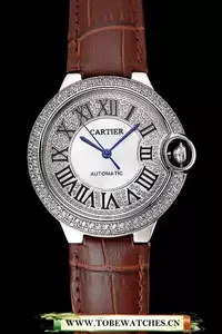 Cartier Ballon Bleu 46 Mm Diamond Dial Diamond Case Brown Leather Bracelet En124513