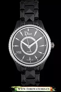 Dior Viii Diamond Encrusted Black Bezel Black Bracelet En59449