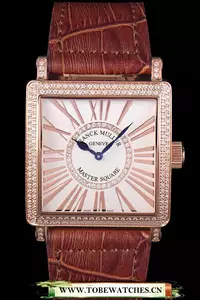 Franck Muller Master Square Diamond Encrusted Rose Gold Bezel Brown Croco Bracelet En59297