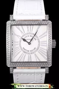 Franck Muller Master Square Diamond Encrusted Stainless Steel Bezel White Croco Bracelet En59298