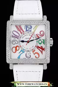 Franck Muller Master Square Color Dreams Diamonds Case White Leather Band En60251