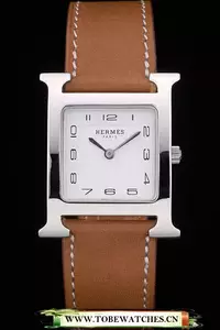 Hermes Heure H Stainless Steel Polished Bezel Tan Leather Strap White Dial En59195