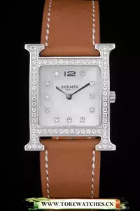 Hermes Heure H Stainless Steel Diamond Encrusted Bezel Tan Leather Strap White Dial En59196