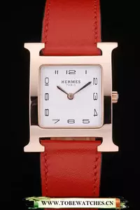Hermes Heure H Rose Gold Bezel Red Leather Strap White Dial En59197