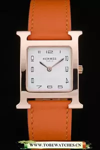 Hermes Heure H Rose Gold Bezel Orange Leather Strap White Dial En59198