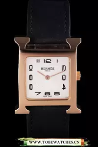 Hermes Heure H Rose Gold Bezel Black Leather Strap White Dial En59199