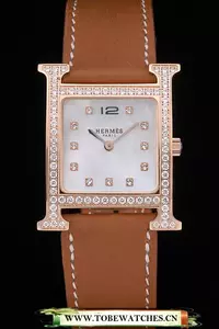 Hermes Heure H Rose Gold Diamond Encrusted Bezel Tan Leather Strap White Dial En59200