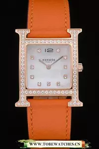 Hermes Heure H Rose Gold Diamond Encrusted Bezel Orange Leather Strap White Dial En59201
