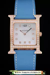 Hermes Heure H Rose Gold Diamond Encrusted Bezel Blue Leather Strap White Dial En59202