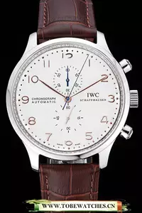 Iwc Portugieser Chronograph White Dial Rose Gold Hands And Numerals Stainless Steel Case Brown Leather Strap En121369